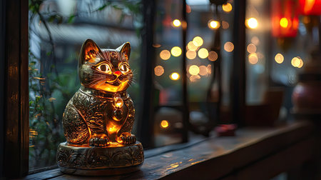 This exquisite golden lucky cat statue radiates warmth and charm, perfect for adding a delightful touch to any indoor space, creating an inviting ambiance.の素材