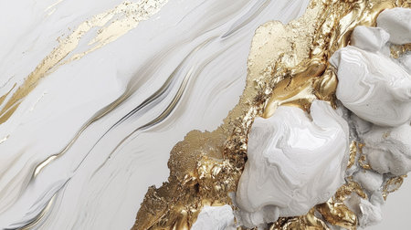 A striking abstract design featuring flowing white waves intertwined with luxurious gold textures, perfect for modern decor and artistic inspiration.の素材