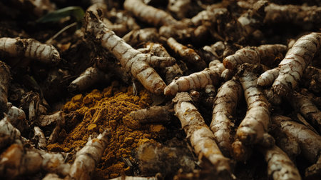 This image features freshly harvested turmeric roots resting on earthy soil, showcasing their unique texture and vibrant color, symbolizing organic agriculture.の素材