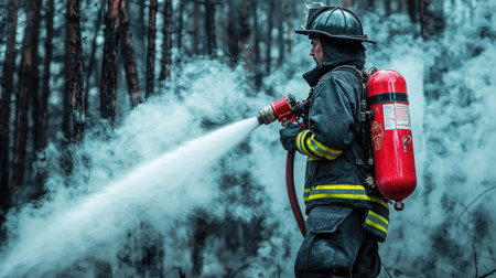 A dedicated firefighter stands bravely in a smoky forest, using a fire extinguisher to combat a wildfire. This image captures the urgency and commitment required in emergency response situations.の素材