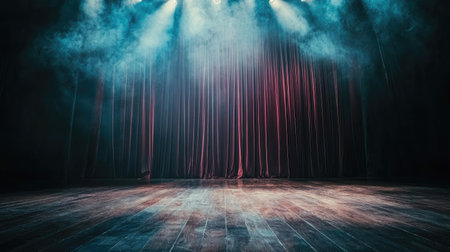 A captivating stage view featuring elegant curtains, dramatic lighting, and a wooden floor, perfect for theatrical productions and artistic performances.の素材