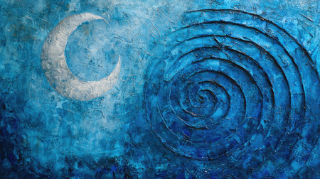 This abstract artwork features a blue textured background with a moon and spiral design, evoking feelings of calm and creativity. Perfect for modern decor.の素材