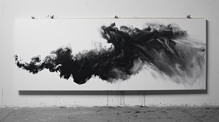 This striking abstract artwork features fluid black and white brush strokes on canvas, creating a dynamic visual experience ideal for modern decor and art lovers.の素材