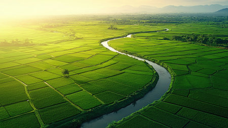 Discover a breathtaking aerial view of lush green rice fields illuminated by the soft glow of sunrise. This serene landscape captures the harmony of nature and agriculture.の素材