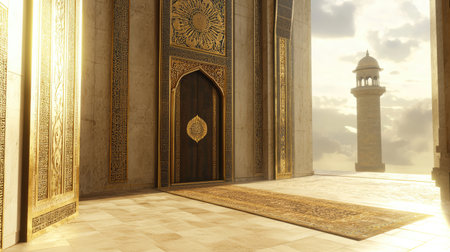 A stunning golden entryway showcases intricate designs and a view of a distant minaret. This serene space invites contemplation and reflects cultural heritage.の素材