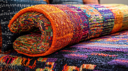Explore a vibrant textile featuring bold patterns and rich hues, ideal for adding warmth and artistic flair to any interior space. Perfect for home decor!の素材