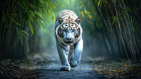A stunning white tiger strides through a tranquil bamboo forest, showcasing its powerful presence amidst lush greenery. The serene atmosphere highlights the beauty of wildlife.の素材