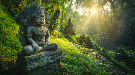 Discover a serene Buddha statue surrounded by lush greenery and soft sunlight, creating a tranquil and spiritual atmosphere perfect for meditation and reflection.の素材