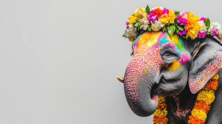 A stunning portrait of a colorful elephant adorned with a floral crown, showcasing vibrant patterns and a serene expression against a soft gray backdrop.の素材
