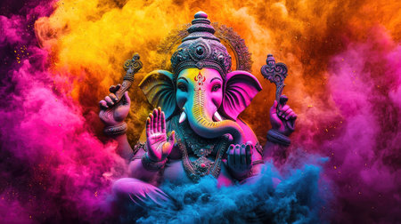 This vibrant artwork features a colorful representation of Ganesha amidst a cloud of vibrant smoke, symbolizing spirituality and celebration.の素材