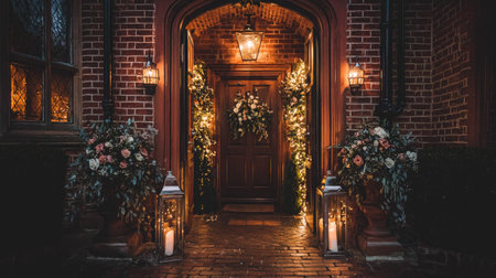 This beautiful front entrance showcases elegant floral arrangements and glowing lanterns, creating a warm and inviting ambiance for evening gatherings.の素材