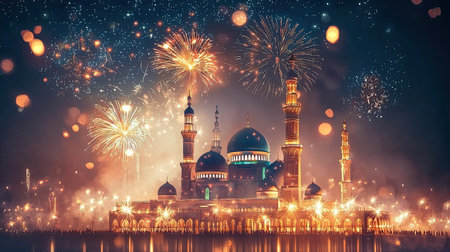 A breathtaking view of a mosque surrounded by vibrant fireworks lighting up the night sky, reflecting a festive atmosphere full of joy and celebration.の素材