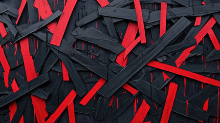 This abstract design features a mixture of red and black wooden strips, creating a visually striking background with a dynamic texture and bold colors.の素材