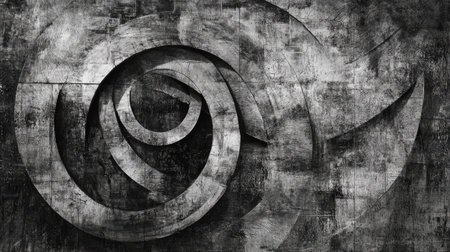 This image features an abstract spiral design in black and white, set against a textured background. Ideal for modern decor or artistic projects.の素材