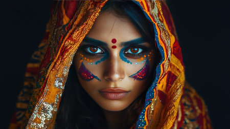 Stunning portrait of a woman showcasing vibrant traditional attire and intricate face makeup. The image captures cultural beauty and artistic expression beautifully.の素材