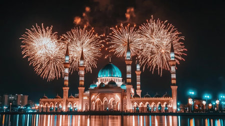 Stunning view of a mosque illuminated by vibrant fireworks at night. This captivating scene captures the essence of celebration and tranquility, showcasing intricate architecture.の素材