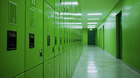 A series of vibrant green lockers create a clean and modern space, emphasizing organization and contemporary design that suits various creative projects and commercial use.の素材