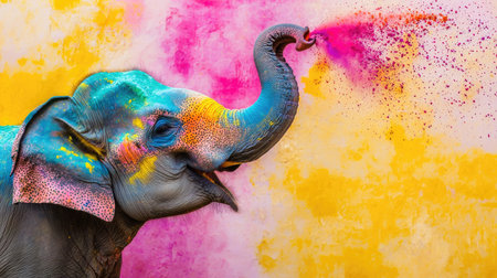 A colorful elephant playfully splashes bright Holi colors against a vibrant wall, capturing the spirit of celebration and joy in this stunning wildlife moment.の素材