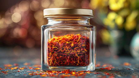 A captivating glass jar filled with vibrant red saffron spice stands against a dark background, highlighting its rich color and texture. Perfect for culinary art.の素材