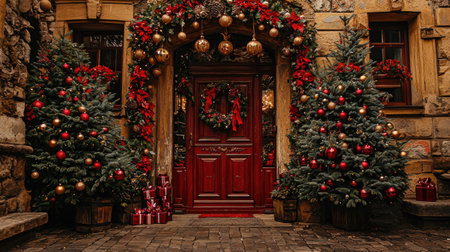 This beautiful holiday entrance showcases a red door adorned with a wreath and festive decorations, flanked by Christmas trees and sparkling ornaments.の素材
