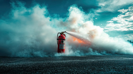 A vibrant fire extinguisher discharges foam amidst a dramatic cloud of smoke on an asphalt surface, showcasing emergency response and safety measures.の素材
