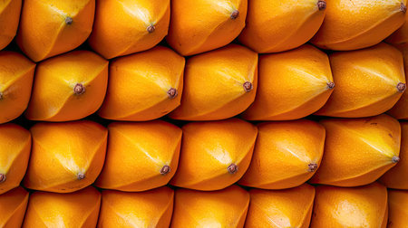 A closeup view of neatly stacked yellow fruits showcases their vibrant color and smooth texture, ideal for highlighting freshness and market appeal.の素材