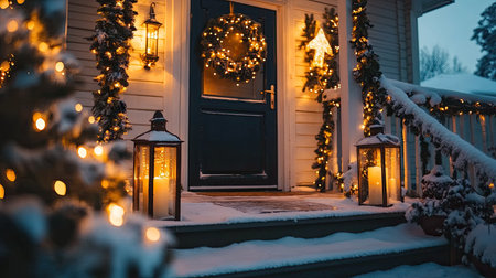 A warm and inviting holiday entrance featuring a beautifully decorated door with a wreath and festive lights. Soft snow blankets the steps, creating a peaceful winter scene.の素材
