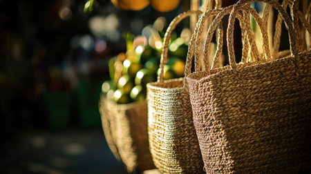 Explore the vibrant display of natural straw baskets filled with fresh citrus fruits in a bustling market setting, showcasing a healthy lifestyle.の素材
