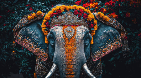 A stunning portrait of a majestic elephant adorned with vibrant flowers and intricate traditional attire, showcasing the beauty of wildlife and culture.の素材