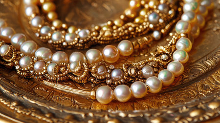 Discover a stunning display of elegant pearl necklaces resting on a vintage golden plate, showcasing exquisite craftsmanship and timeless beauty perfect for jewelry enthusiasts.の素材