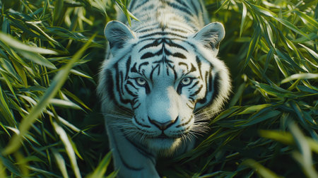 A stunning close-up of a white tiger navigating through vibrant green grass. The majestic animal showcases its striking stripes and intense gaze while remaining in its natural habitat.の素材