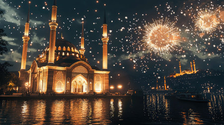 Stunning view of a beautiful mosque illuminated at night, surrounded by fireworks bursting in the sky over tranquil waters. A captivating scene of celebration and unity.の素材