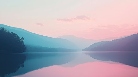 A tranquil lakescape at dusk showcases soft pastel colors and stunning reflections on calm waters, surrounded by gentle mountains and scenic beauty.の素材