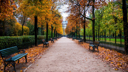 A serene autumn park path lined with colorful foliage showcases vibrant leaves and benches, inviting visitors to enjoy a peaceful outdoor space.の素材