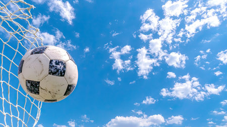 A soccer ball is soaring into a net against a backdrop of vibrant blue sky and fluffy white clouds, capturing the excitement of outdoor sports.の素材