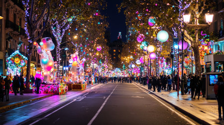 A lively city street comes alive with vibrant Christmas lights and colorful ornaments, creating a magical atmosphere filled with festive joy and excitement.の素材