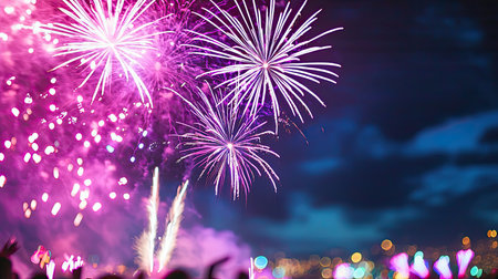 A captivating fireworks display brightens the night sky, creating a vibrant and magical atmosphere for a joyous celebration, with an enthusiastic crowd.の素材