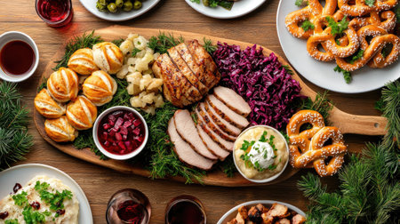 A beautifully arranged festive holiday feast featuring roasted meat, colorful side dishes, and refreshing garnishes on a rustic wooden table. Perfect for family gatherings and celebrations.の素材
