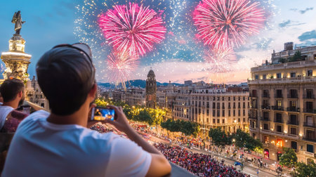 A mesmerizing fireworks display lights up the urban skyline during a vibrant summer celebration, with a crowd enjoying the spectacular scene.の素材