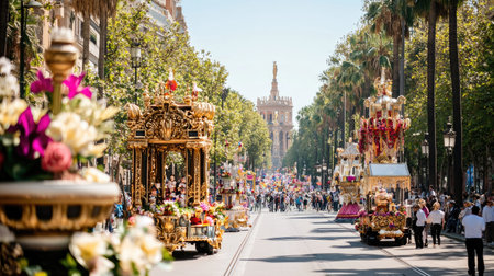 A lively street scene showcasing a vibrant parade filled with beautifully adorned floats and colorful decorations, highlighting local culture and community spirit.の素材