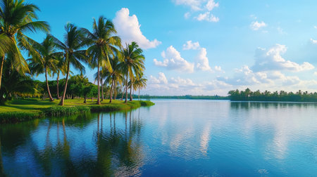 This image captures a tranquil tropical landscape featuring vibrant palm trees reflecting in calm waters, with a bright blue sky adorned by playful clouds, offering a serene escape into nature.の素材