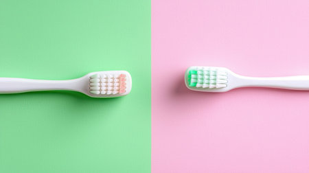 This image features two vibrant toothbrushes set against contrasting colorful backgrounds, highlighting the importance of dental care and hygiene in everyday life.の素材