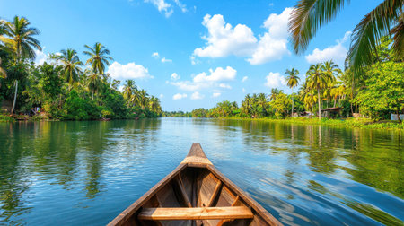 Experience a breathtaking view from a wooden boat cruising along a tranquil river, surrounded by lush green palm trees and bright blue skies.の素材