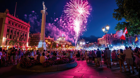 A spectacular display of colorful fireworks lights up the night sky above a bustling plaza filled with excited people celebrating during a vibrant city festival.の素材