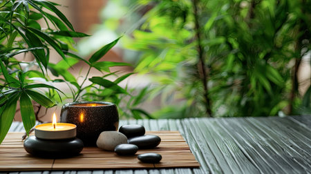 A serene setting featuring candles and smooth stones on a wooden surface surrounded by lush green plants, evoking tranquility and relaxation. Perfect for wellness themes.の素材