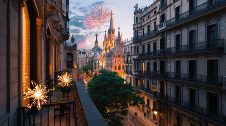 A stunning view from a balcony captures a vibrant city with historic buildings, illuminated by colorful fireworks during a summer evening celebration.の素材