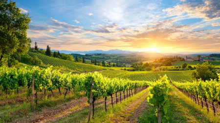 Experience the enchanting view of a vineyard at sunset, with vibrant skies and cascading green hills, capturing the essence of nature's beauty and tranquility.の素材
