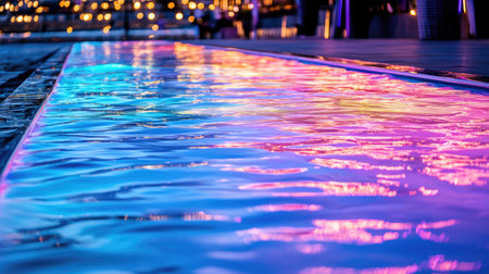 A stunning close-up of a tranquil water surface reflecting vibrant colors from nearby lights, creating an enchanting atmosphere in an urban night scene.の素材
