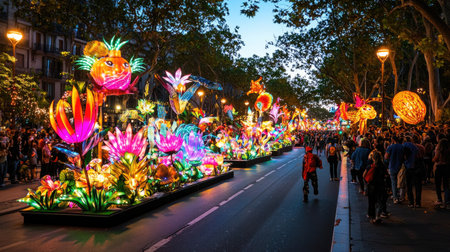 A captivating scene from a vibrant lantern festival in the city, showcasing colorful light displays that celebrate nature, art, and community spirit at dusk.の素材