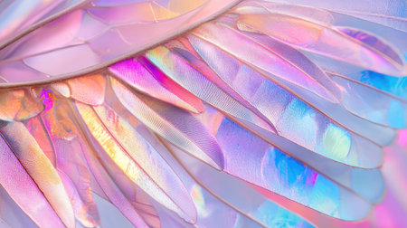 Discover the enchanting beauty of iridescent feathers in this close-up photograph, capturing delicate textures and vibrant pastel colors for artistic inspiration.の素材